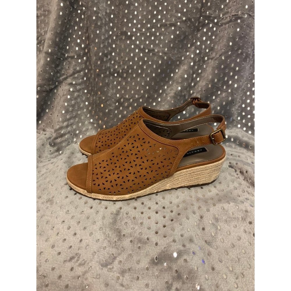 Array brand, open toe, wedge sandal, espadrille heel, Tan Cognac color